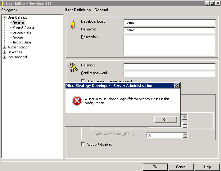 Kb8012 The User With Name Xxxxx Already Exists In The Configuration Error Message Appears When Creating New Users In Microstrategy Developer