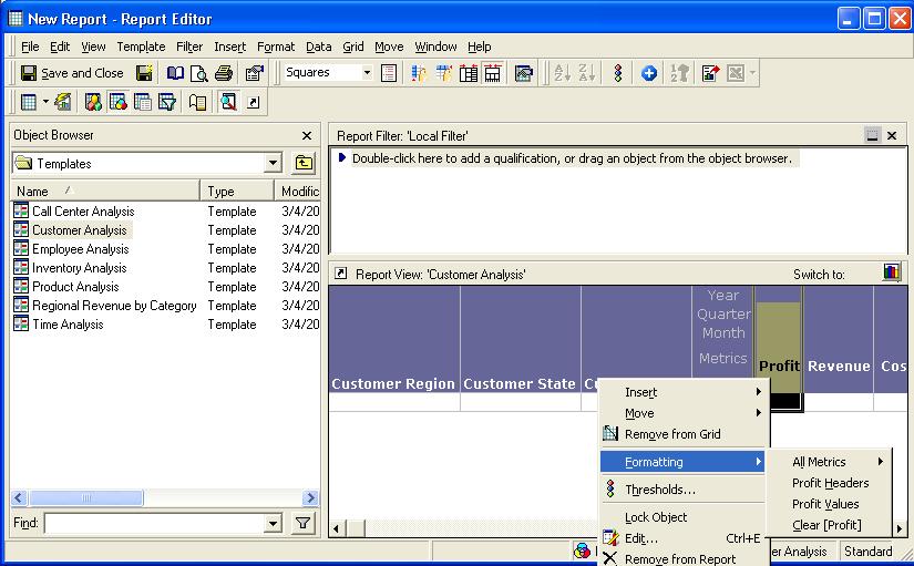 Schema van MicroStrategy Web Report Editor.