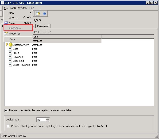 KB237043 "Save As" option is greyed out in the Logical Table editor in